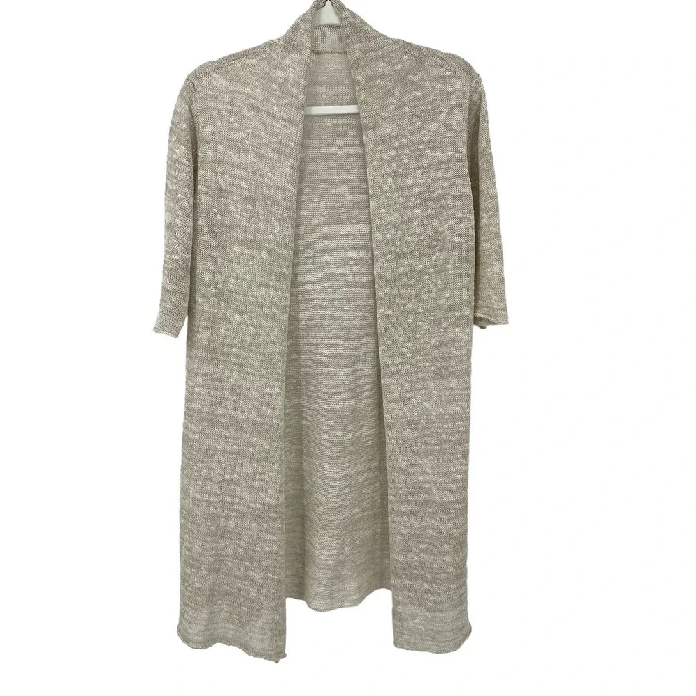 Eileen Fisher Cardigan L Beige Linen Blend Open Knit Open Duster Size Large - Picture 2 of 8